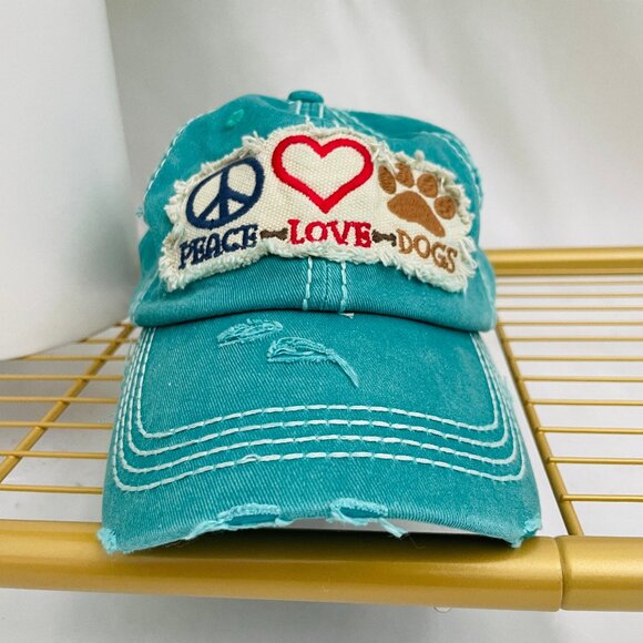 BRAND NEW, Never Worn Distressed Peace, Love and Dogs Turqouise Adjustable Hat! - Picture 2 of 8